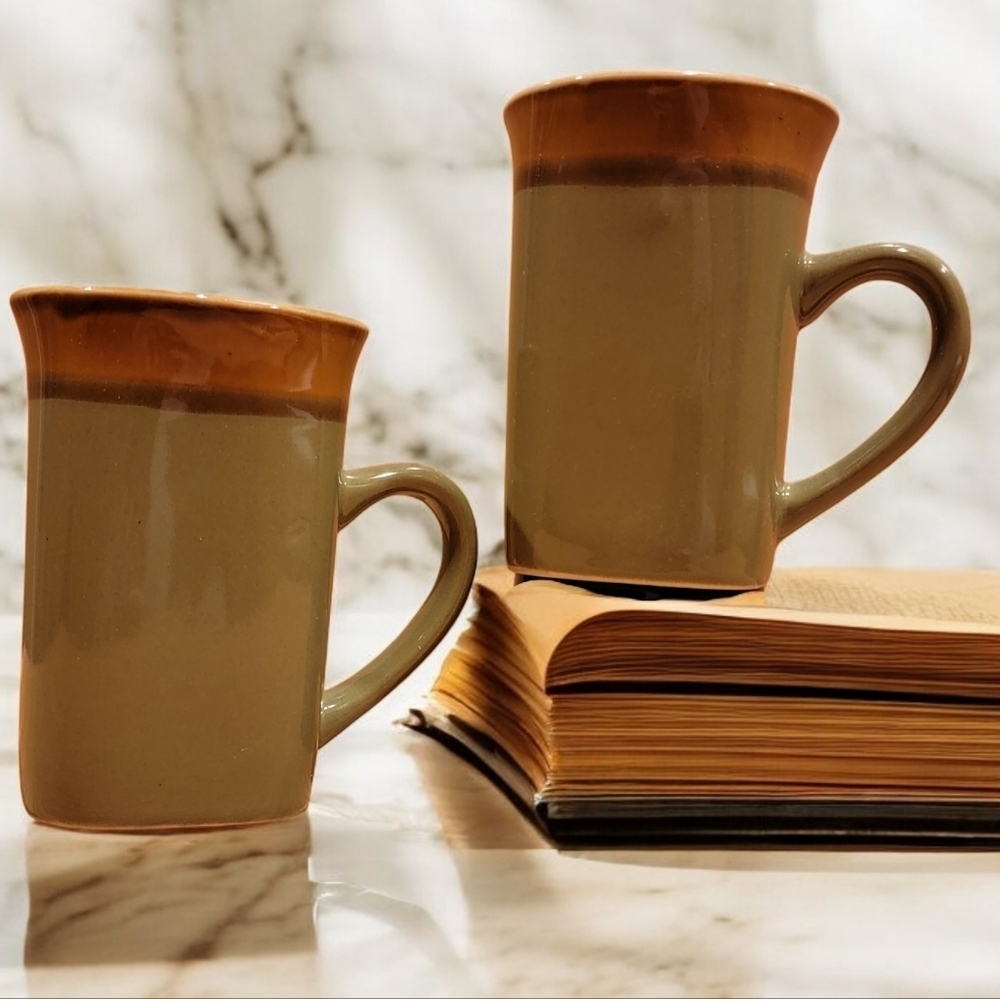 2 Royal Norfolk Stoneware Tall Latte Square Base Coffee Mug Green/Brown 14oz